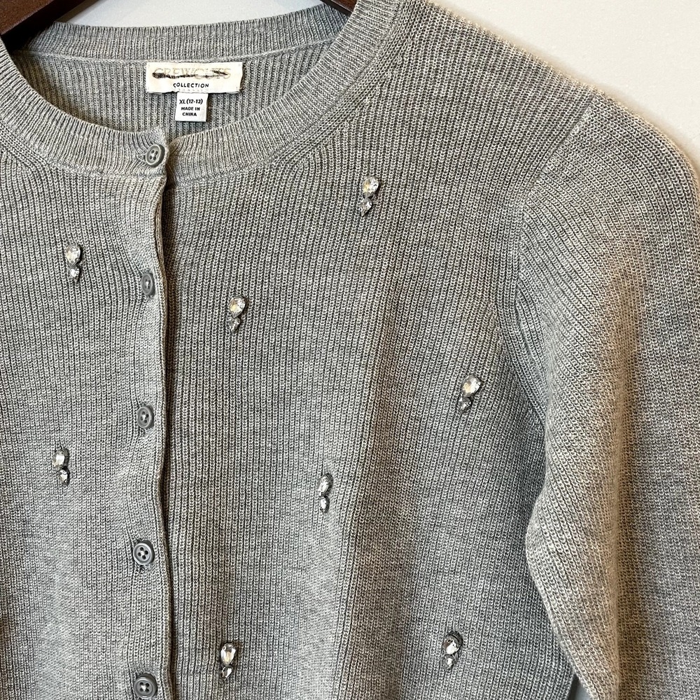 J.Crew Collection Embellished Cardigan Sweater Cotton Holiday CD379 Grey 12 13 - Picture 2 of 15